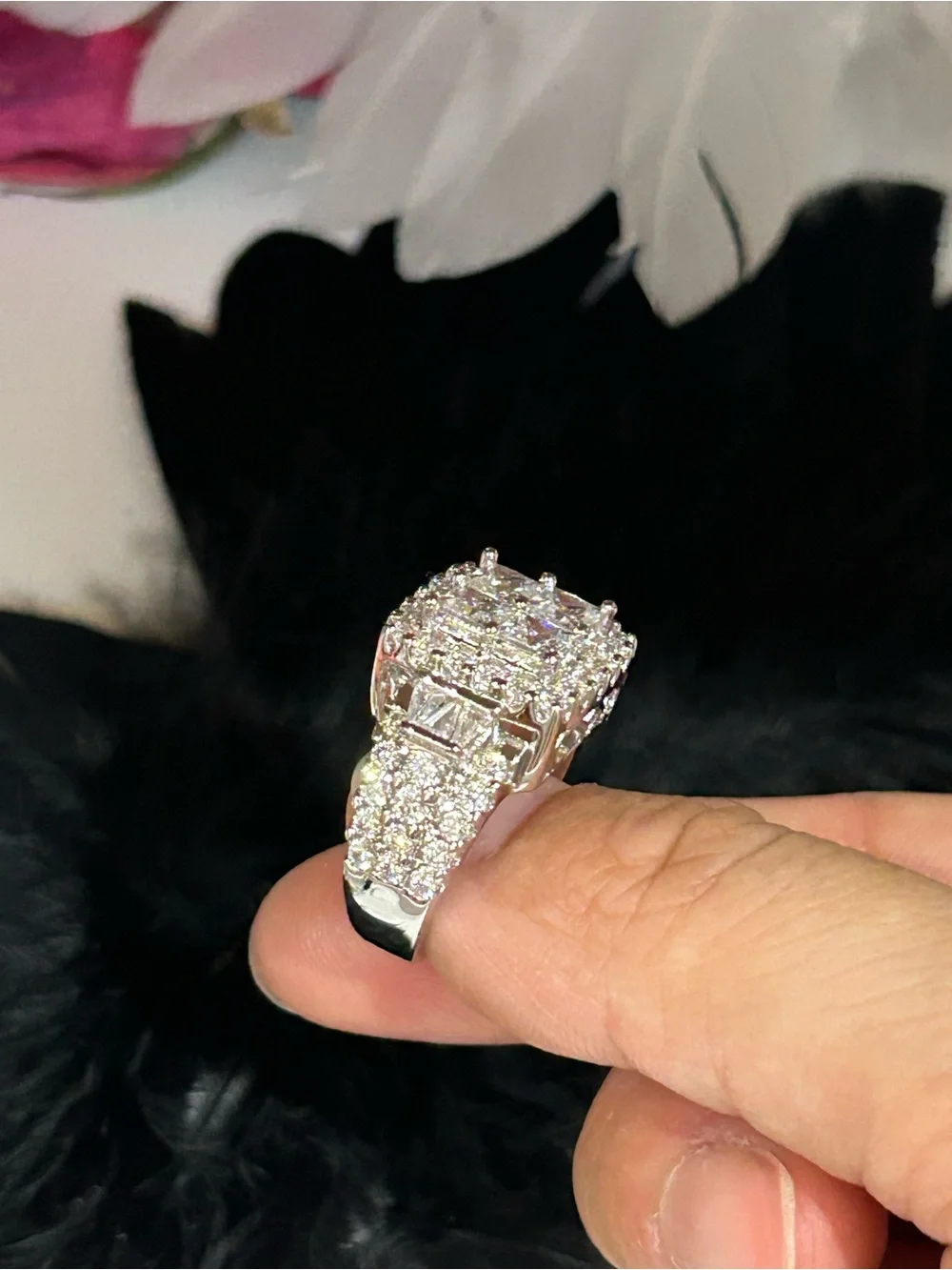 Classic Silver plated Square Halo moissanite Cocktail/engagement/gift Ring